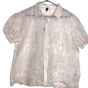White Lace Short-Sleeve Button-Up Blouse US 18 2XL By Bloom Chic